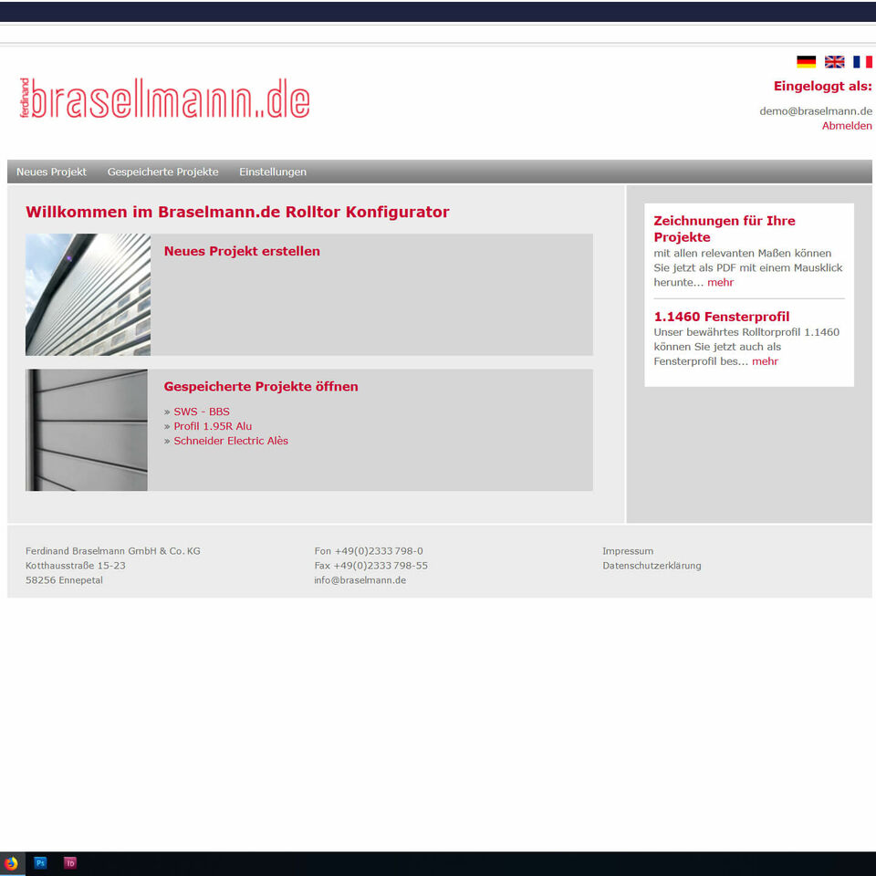 Rolltorkonfigurator Startbildschirm